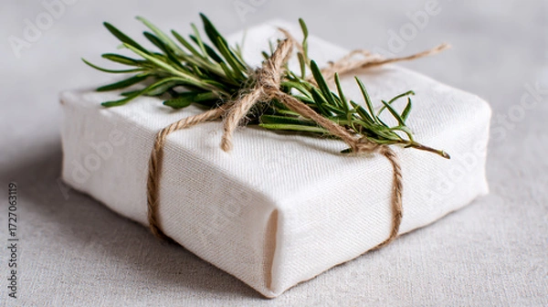 Fototapeta An elegant and minimalist white linen-wrapped gift box, tied with natural twine