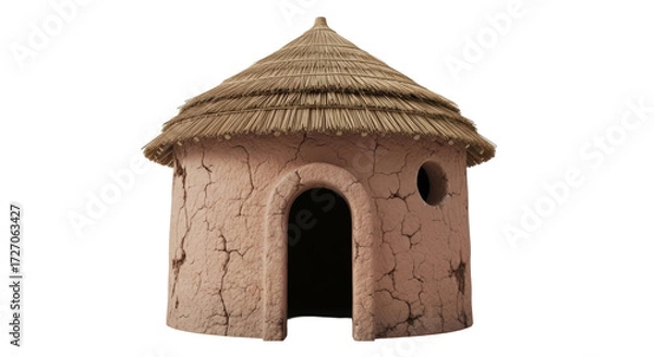 Obraz Isolated small round mud hut with a thatched roof; building construction and architecture