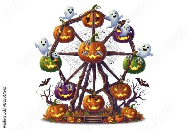 Fototapeta Halloween Ferris wheel with carved pumpkins and playful ghosts image