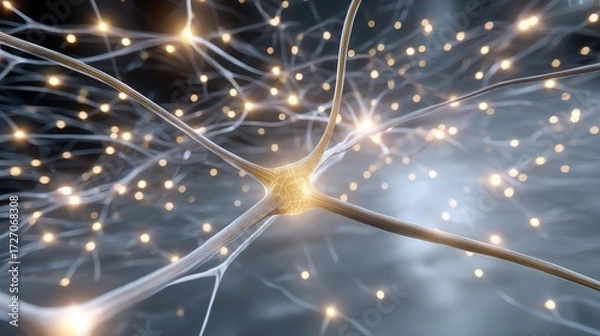 Fototapeta Neural Network: A striking visual of a neuron firing, showcasing intricate pathways and a web of connections. Illuminating the essence of cognitive processes, the complex structure comes to life.