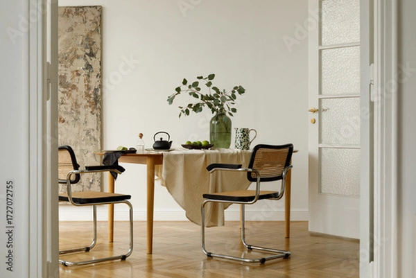 Fototapeta Dining setup with wooden table, woven chairs, eucalyptus in a vase and black teapot on linen cloth.