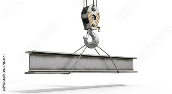 Fototapeta Steel Beam Lifted by Crane Hook - A steel beam suspended in the air, supported by a crane hook, symbolizing construction, industry, strength, and engineering against a white background