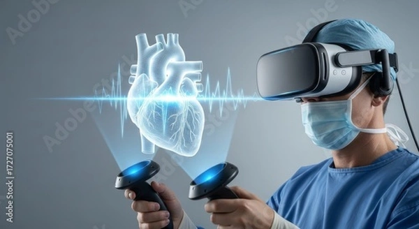 Fototapeta Doctor using VR headset for heart surgery simulation, showing medical technology and healthcare innovation
