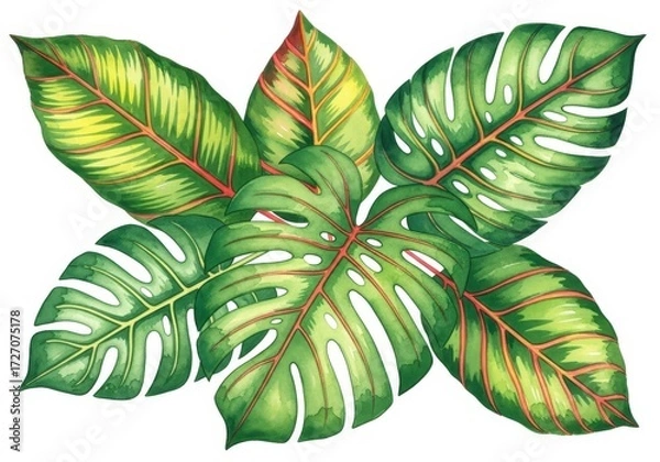 Fototapeta Artistic depiction of vibrant tropical foliage, capturing the essence of nature with meticulous watercolor details. Symbolizing freshness, growth, exoticism, and artistic expression