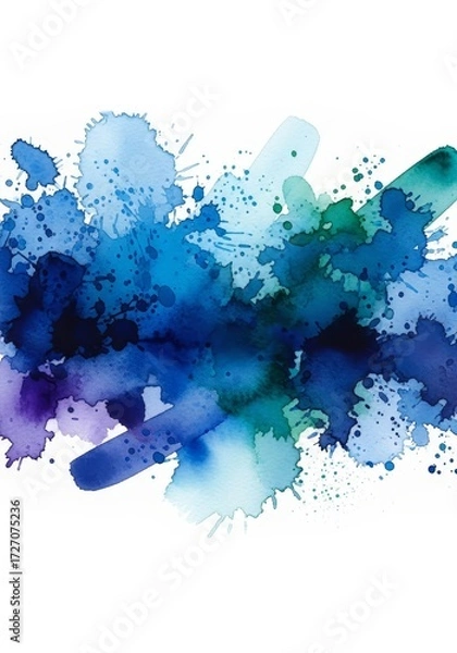 Fototapeta Abstract watercolor painting with blue and purple hues, splashes and splatters on a white background. A perfect artistic design