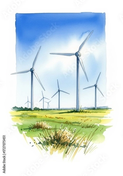 Fototapeta Watercolor painting depicting wind turbines in a green field under a blue sky. The symbolizes sustainable energy, nature, environment, clean power, and renewable resources