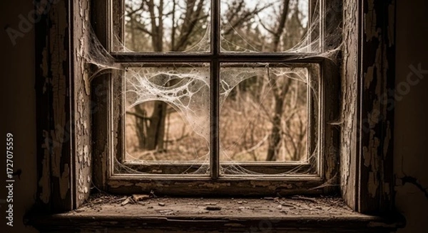 Fototapeta An old wooden window frame with peeling paint and cobwebs, symbolizing decay, abandonment, history, and the passage of time, and desolation
