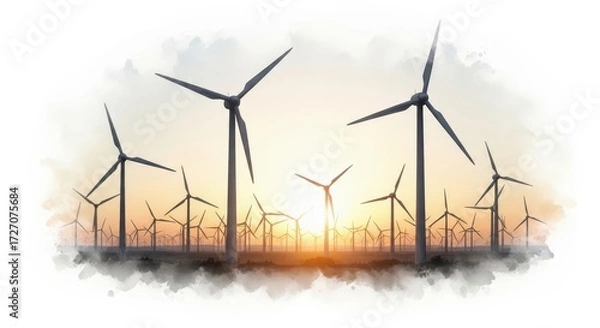 Fototapeta A scenic landscape of wind turbines during sunset, symbolizing sustainable energy, environment, clean power, and technological progress