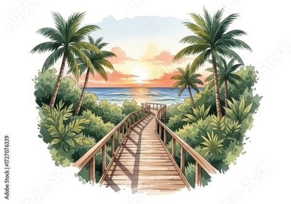 Fototapeta Watercolor illustration of a wooden path leading to the ocean at sunset, surrounded by palm trees and lush greenery