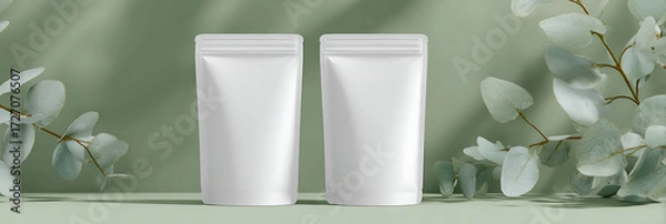 Fototapeta Two identical white stand-up pouches with soft eucalyptus branches and dappled shadows on a pastel green background, implying natural products.
