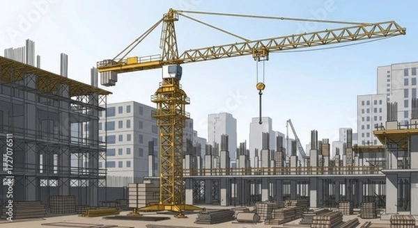 Fototapeta Construction site with yellow tower crane, concrete structures, and a city backdrop symbolizing progress, development, and urban growth