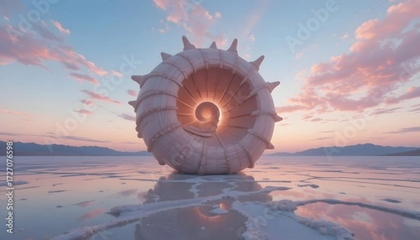 Obraz Seashell spiral on reflective salt flat at sunset