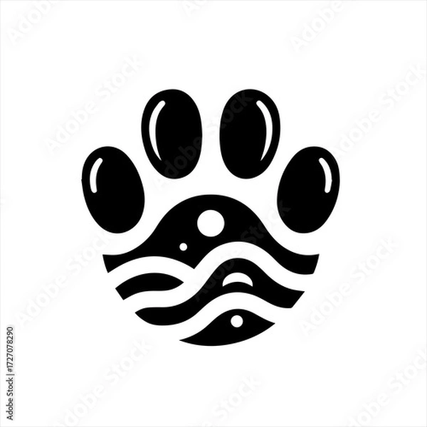 Obraz Black paw print with abstract water and fish design