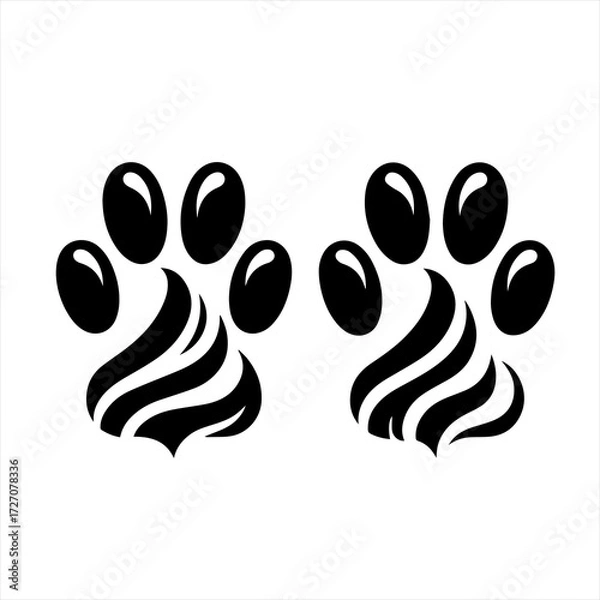 Obraz Stylized black paw prints with striped accents on white background