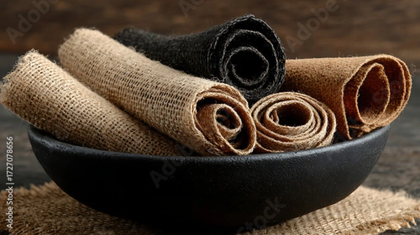 Fototapeta A dark bowl filled with several rolls of natural burlap and black textile fabric, showcasing rustic textures and earth tones.
