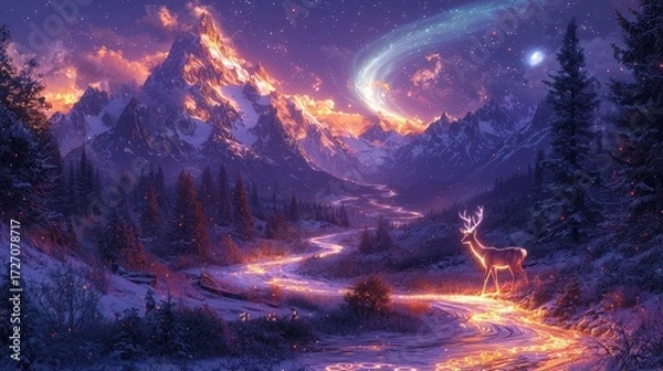 Fototapeta Majestic glowing deer in enchanted winter forest under starry sky and illuminated mountain peaks