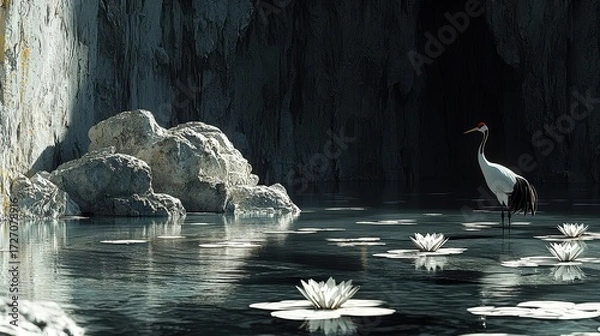 Fototapeta Solitary crane standing among water lilies in a serene mountain lake with rocky cliffs and dark reflections