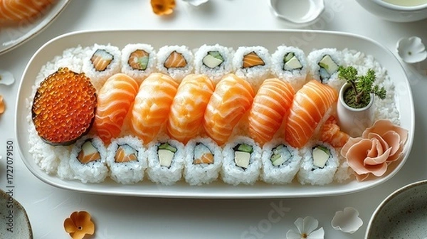Fototapeta Fresh salmon sushi platter with ikura, nigiri, maki rolls, ginger, and wasabi on white table with elegant garnishes