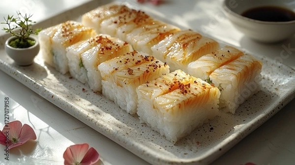 Fototapeta Delicious squarepressed sushi with white fish, spicy garnish, and soy sauce on ceramic plate with flowers in sunlight