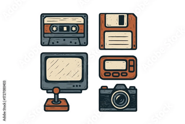 Obraz Vintage technology items displayed together showcasing the evolution of media and data storage over the years