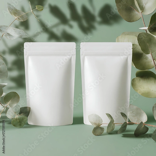 Fototapeta Two identical white stand-up pouches with eucalyptus leaves and shadows on a pastel green background, suggesting natural products.
