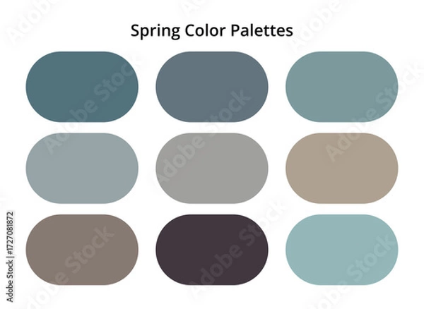 Fototapeta Spring color palette with muted teal, grey, beige, and earthy tones, modern seasonal swatches for design inspiration, fashion styling, branding, web graphics, and creative digital artwork.