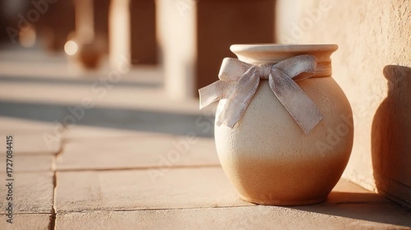 Obraz elegant ceramic pot with tied bow, ombre effect, fine details under warm sun.