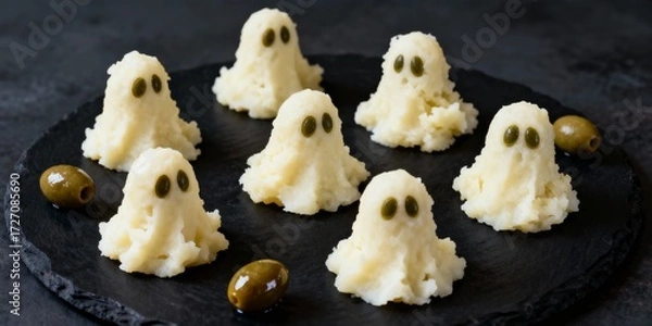 Fototapeta Ghost shaped mashed potato scoops with olive eyes served on black slate plate spooky food