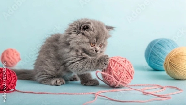 Fototapeta kitten playing with yarn