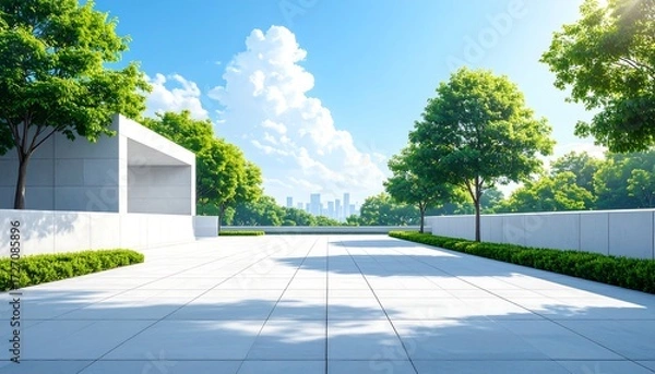 Obraz Tiled plaza with foliage and a distant cityscape against a blue, cloudy sky