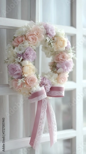 Obraz elegant floral wreath with pastel colors, velvet ribbon, lace trim under fresh light.