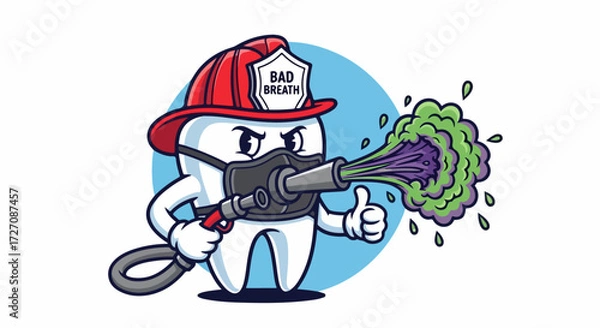 Obraz Bad breath firefighter cartoon character shooting green gas, concept bad breath. Illustration features tooth character wearing helmet and mask spraying gas from water hose.