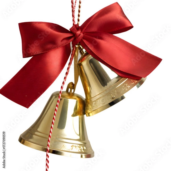 Fototapeta Golden christmas bells with red bow isolated on transparent background for decoration