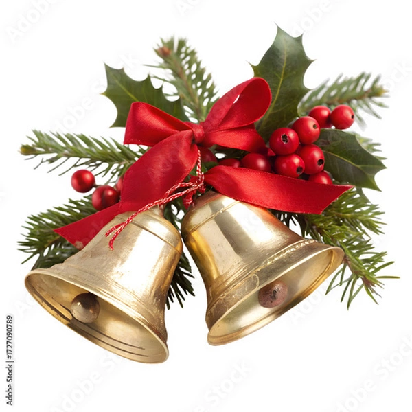 Fototapeta Christmas bells with red ribbon, holly and berries isolated on transparent background