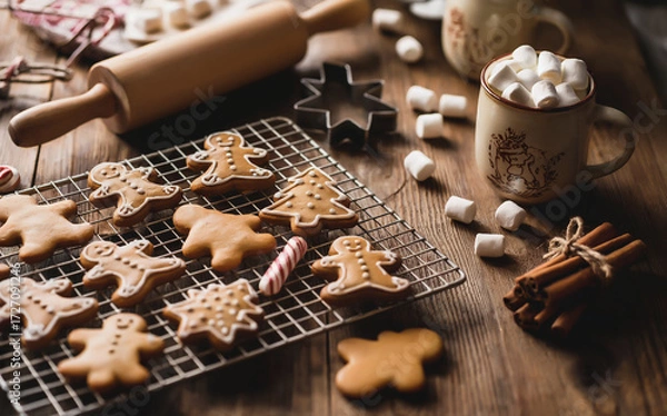 Fototapeta Christmas Baking Scene Featuring Decorated Gingerbread Men, Star and Tree Cookies, Candy Canes, Marshmallows, and Holiday Tools, Festive Culinary Setup with Rolling Pin, Whisk, Cookie Cutter.