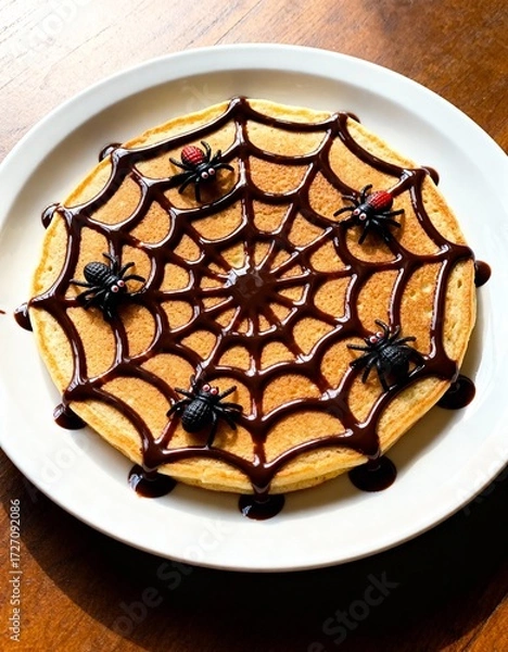 Fototapeta Spider web pancake with chocolate syrup and mini spider candies on white plate dessert idea