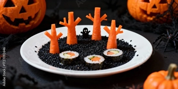 Fototapeta Halloween sushi platter shaped as haunted forest with carrot trees and black sesame gravel