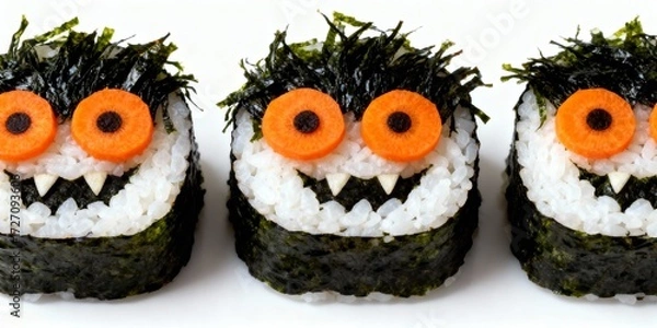Fototapeta Halloween sushi rolls shaped like monsters with seaweed hair and carrot eyes on white background