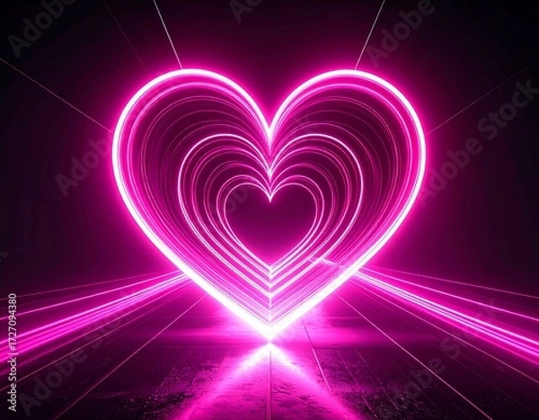 Fototapeta Pink neon heart shape on dark background