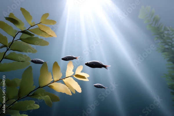 Fototapeta Underwater forest and sunlight filtering through create an enchanting ocean scene