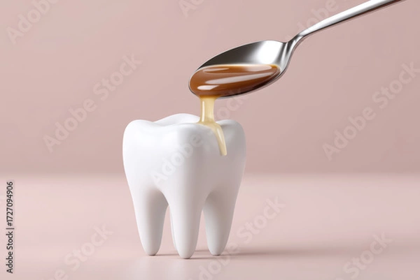 Fototapeta Tooth enjoys sweet, sticky treat, but it cavity waiting to happen