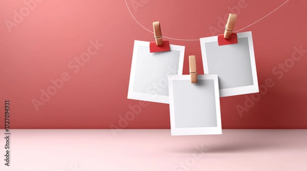 Fototapeta Three blank instant photos hang cheerily on line against pink background
