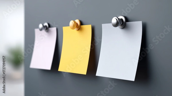 Fototapeta Three pinned notes on board looks tidy and well organized