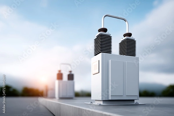 Fototapeta Power transformer generates energy with futuristic and hopeful feel
