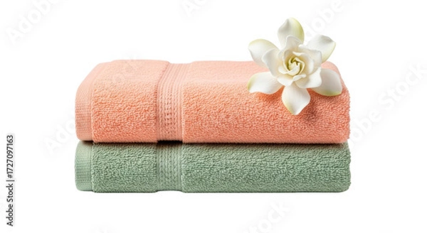 Obraz Isolated soft terry towels with flower for spa relaxing treatment, wellness care concept