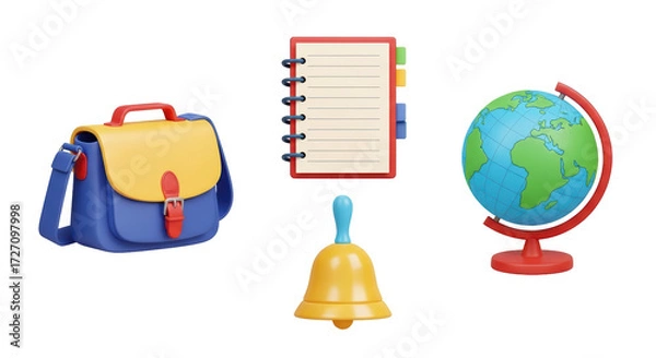 Obraz Isolated school supplies on display a satchel notebook globe and bell for study time