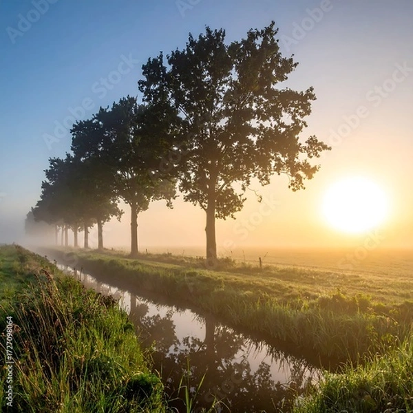 Fototapeta Misty sunrise over a canal with trees