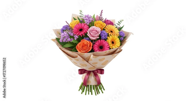 Obraz Isolated bouquet of colorful mixed flowers, wrapped, tied with ribbon, fresh vibrant blooms