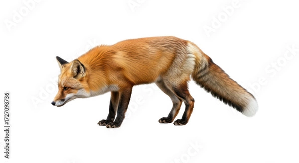 Obraz Isolated Red Fox walking with head down, mammal in Autumn colors, in studio, natural light