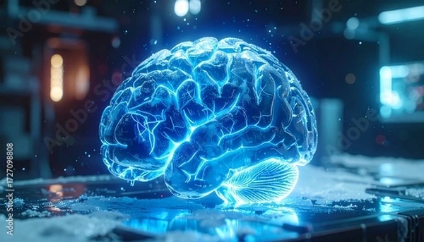 Fototapeta Futuristic Glowing Brain with Neon Blue Light in Sci Fi Laboratory